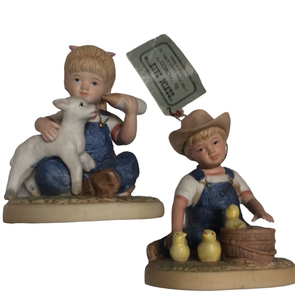 Homco 1985 Denim Days New Beginnings Debbie & Danny Baby Chicks Baby Lamb Set